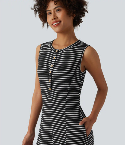 Henley Sleeveless Stripes Maxi Casual Flowy Dress with Pockets