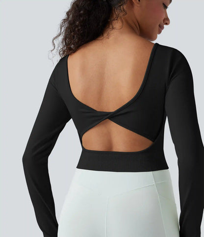 Seamless Flow Twisted Backless Scoop Neck Long Sleeve Thumb Holes Cropped Yoga Sports Top