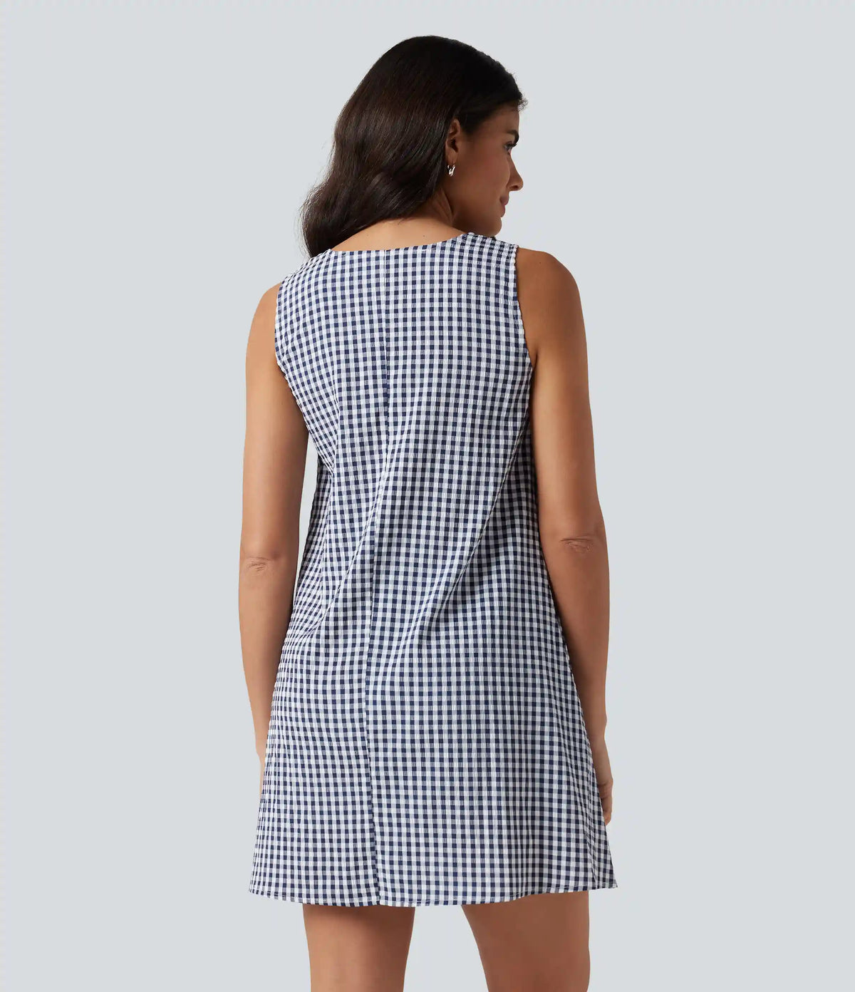 Round Neck Sleeveless Mini Crinkle Gingham Casual Tank Dress with Pockets