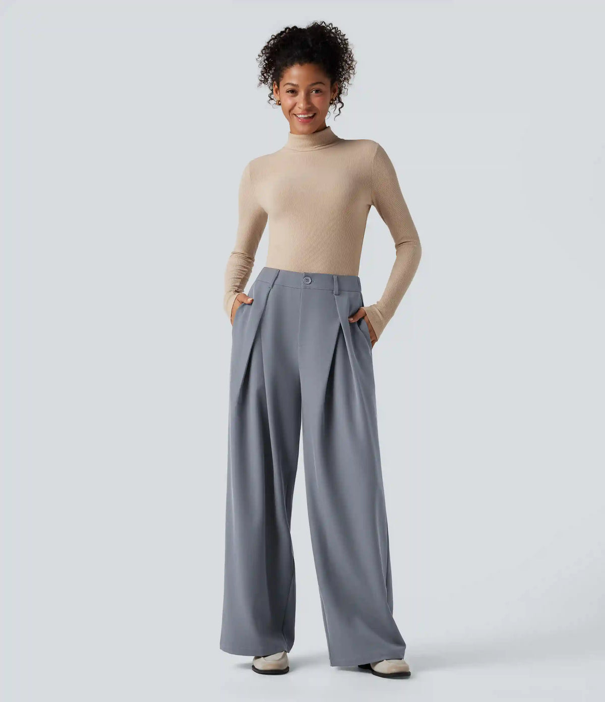 High-waisted Work Wide-leg Pants with Pockets