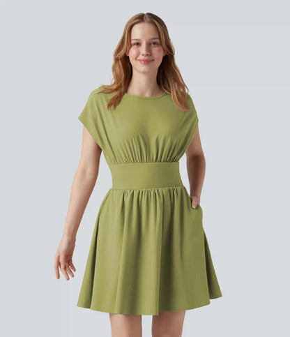 Breezeful™ Batwing Short Sleeve Flowy Quick Dry Mini Work Dress with Pockets