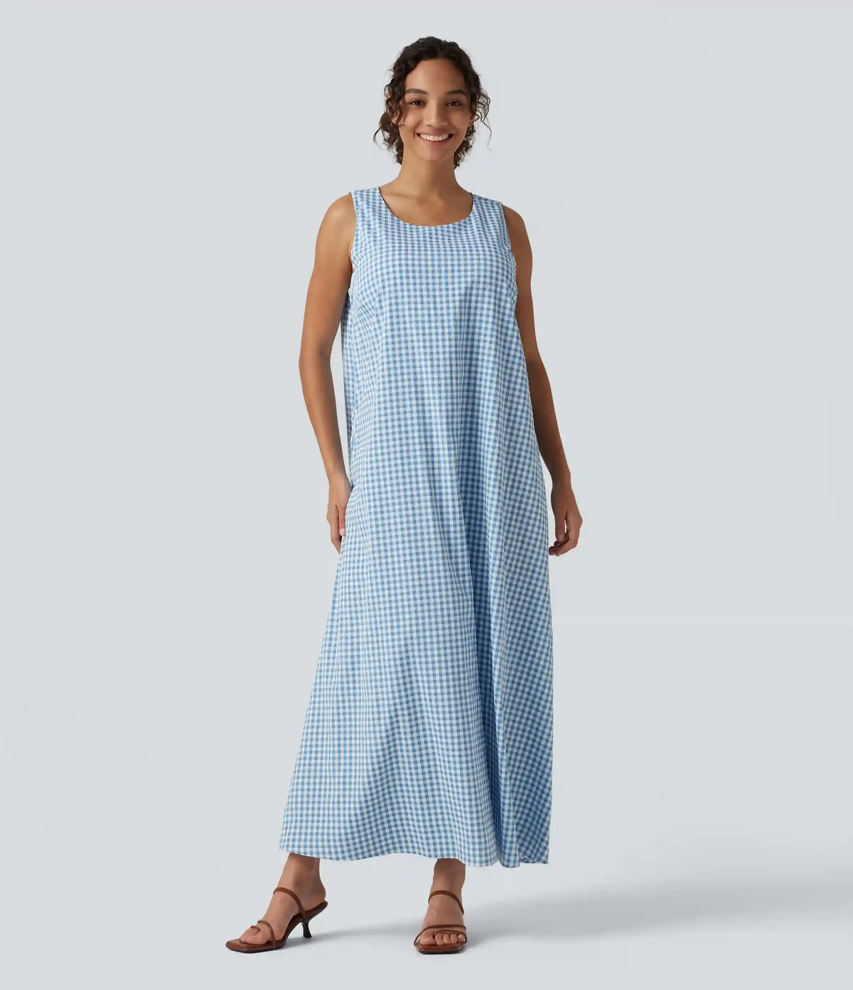 Round Neck Sleeveless Midi Crinkle Gingham Casual Tank Dress with Pockets DD-F Cups