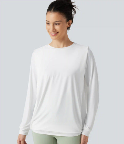Round Neck Long Sleeve Ruched InstantCool Yoga Sports Top-Longer Length-UPF50+