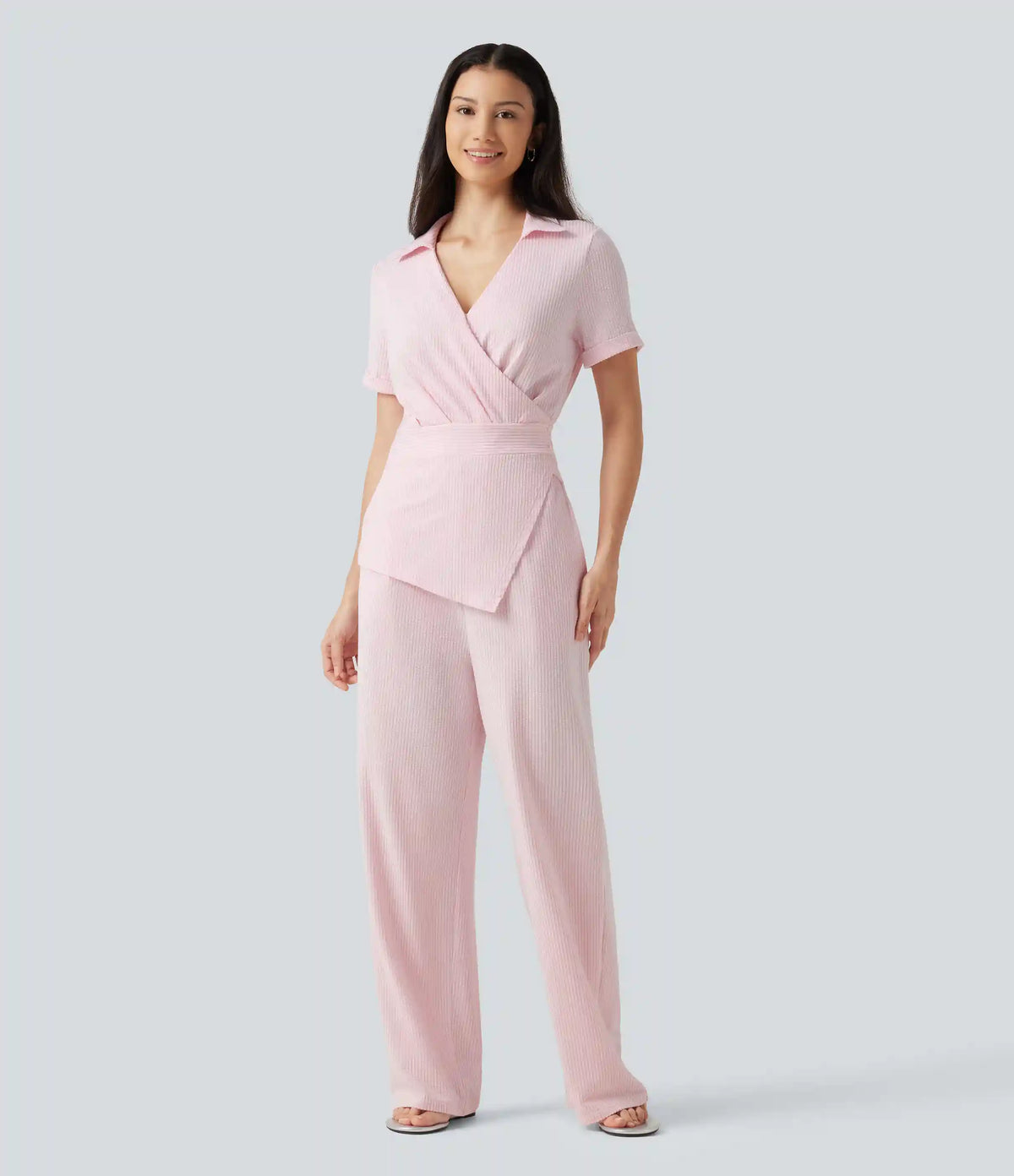 Short Sleeve Wrapped Tie Back Stripe Crinkle Cotton Casual Shirt Jumpsuit with Pockets-Easy Peezy Edition