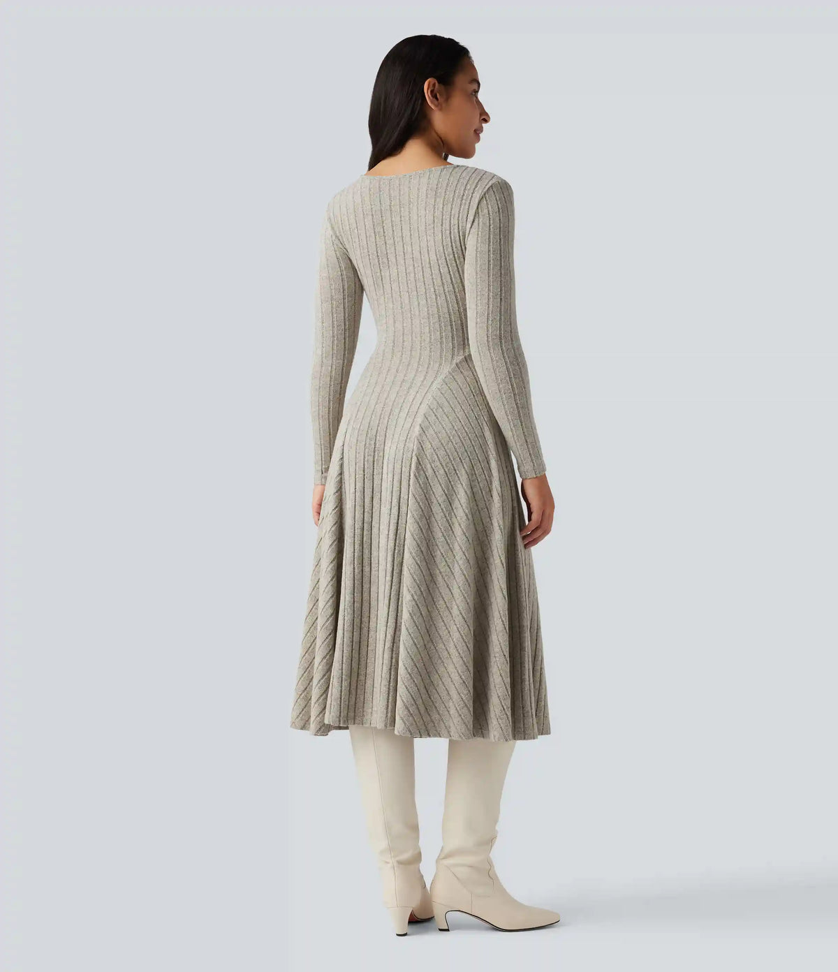 Ribbed Knit V Neck Long Sleeve Flare Midi Casual Dress