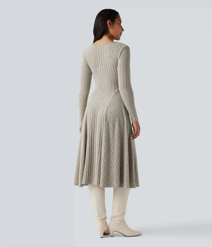 Ribbed Knit V Neck Long Sleeve Flare Midi Casual Dress