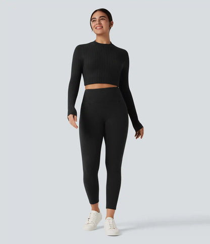 Ribbed Knit High Waisted Crisscross Back Casual Leggings with Pockets