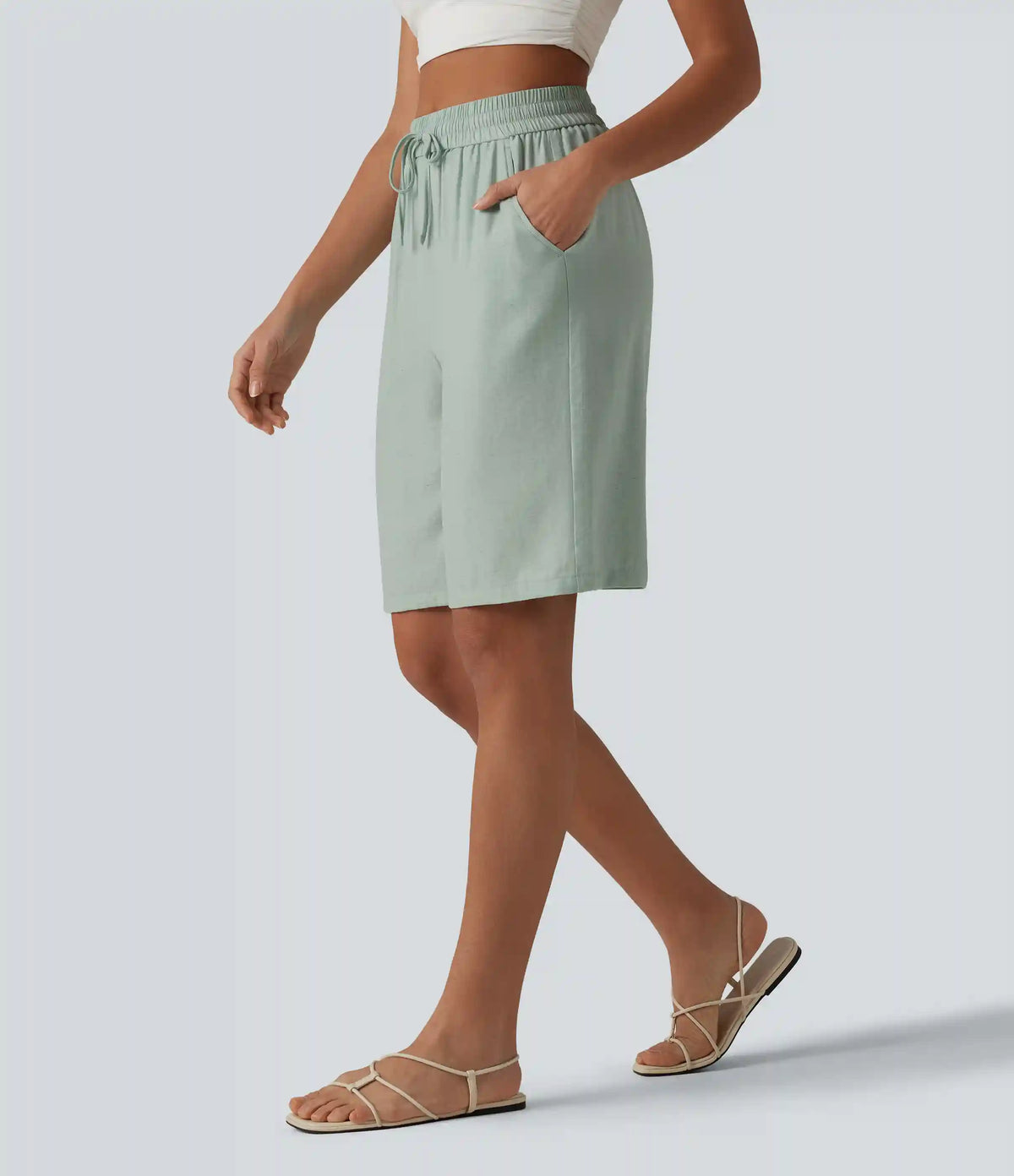 High Waisted Drawstring Casual Linen-Blend Bermuda Shorts 10'' with Pockets