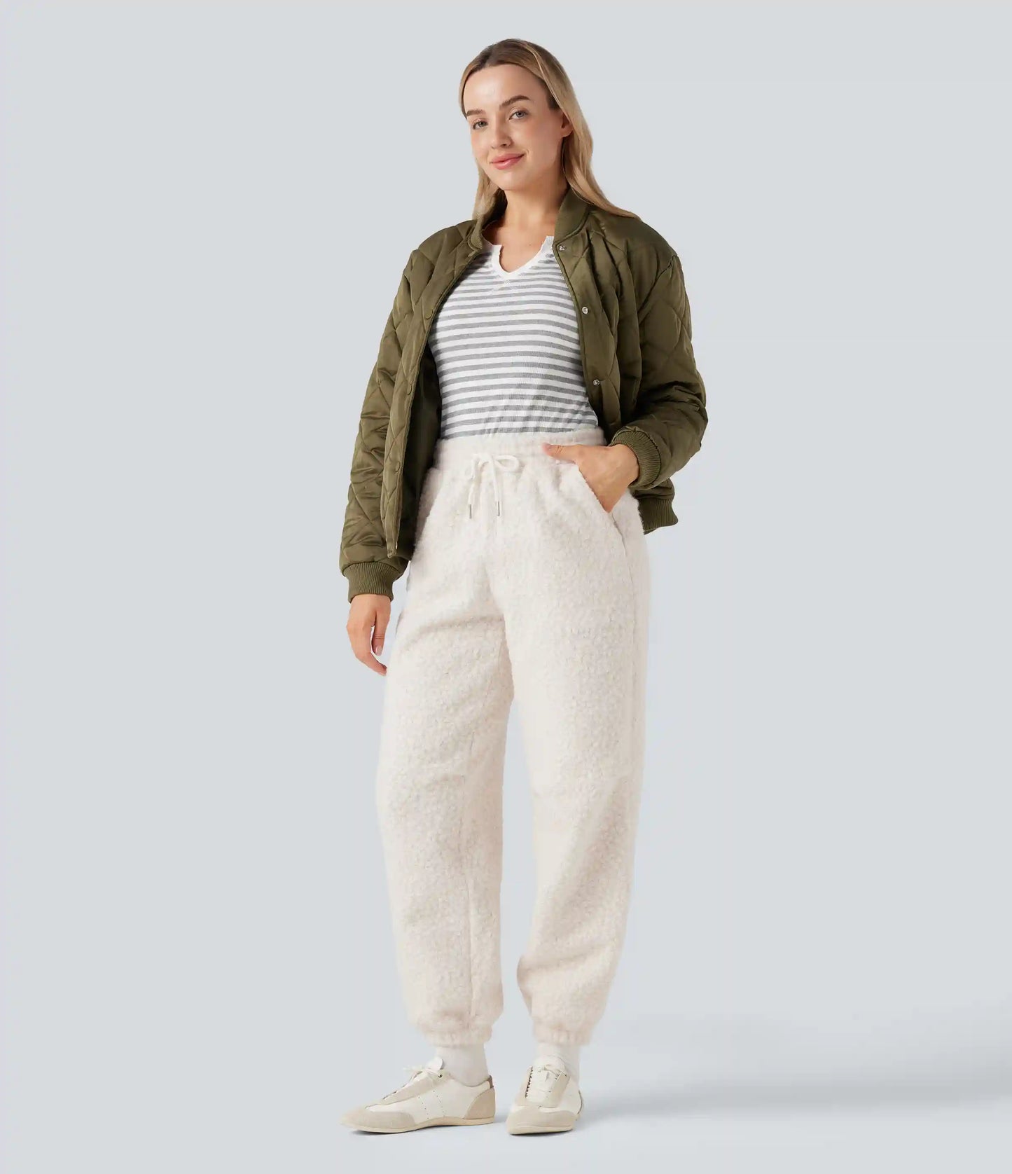 Mid Rise Drawstring Casual Teddy Joggers with Pockets