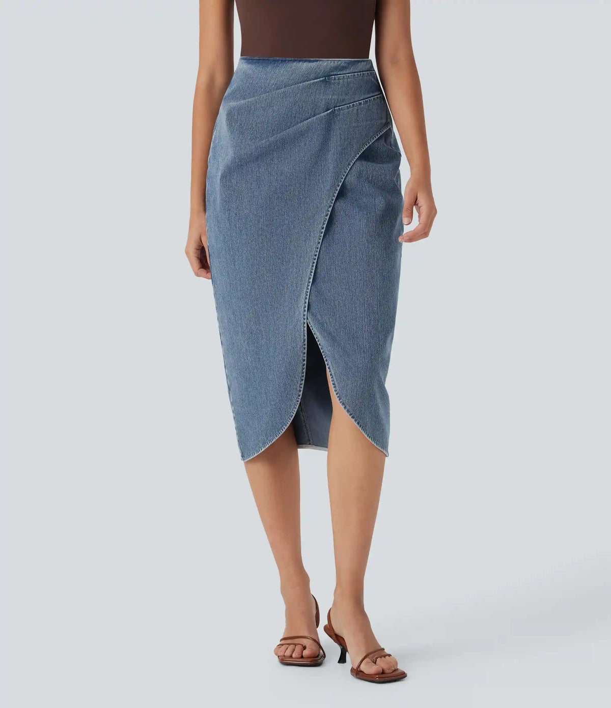 Halara Flex™ High Waisted Back Zipper Ruched Tulip Hem Midi Washed Denim Casual Skirt