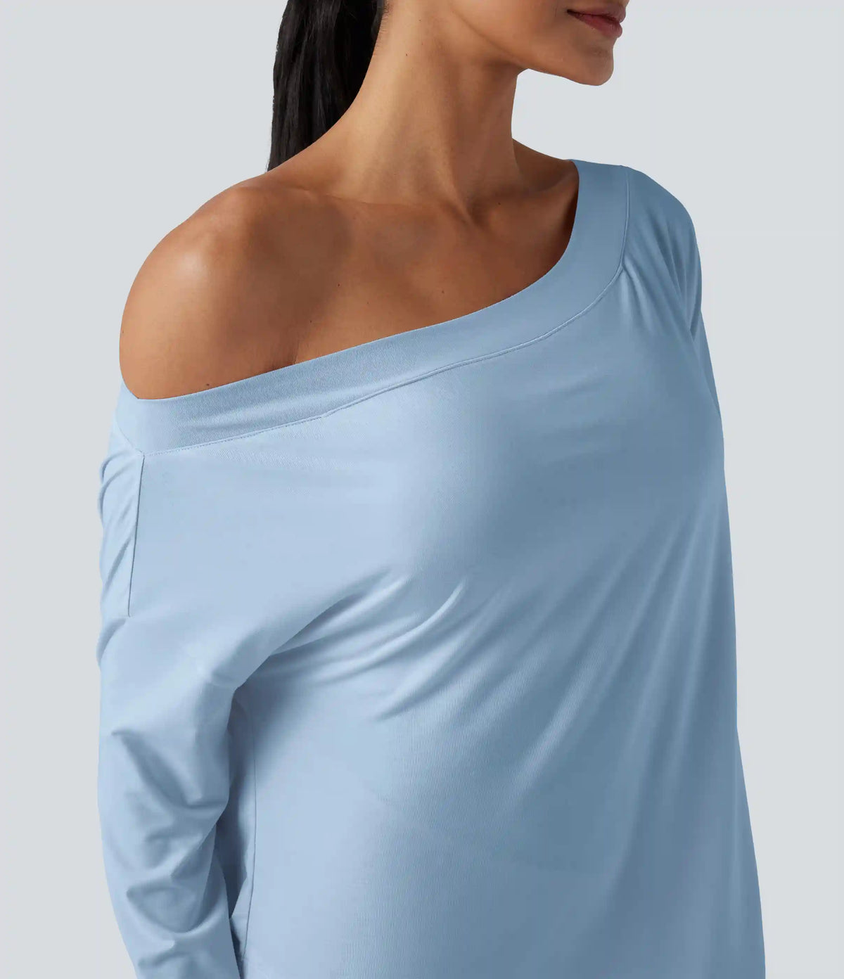 One Shoulder Long Sleeve Thumb Hole Curved Hem High Low Quick Dry Yoga Sports Top-Built-in Bra