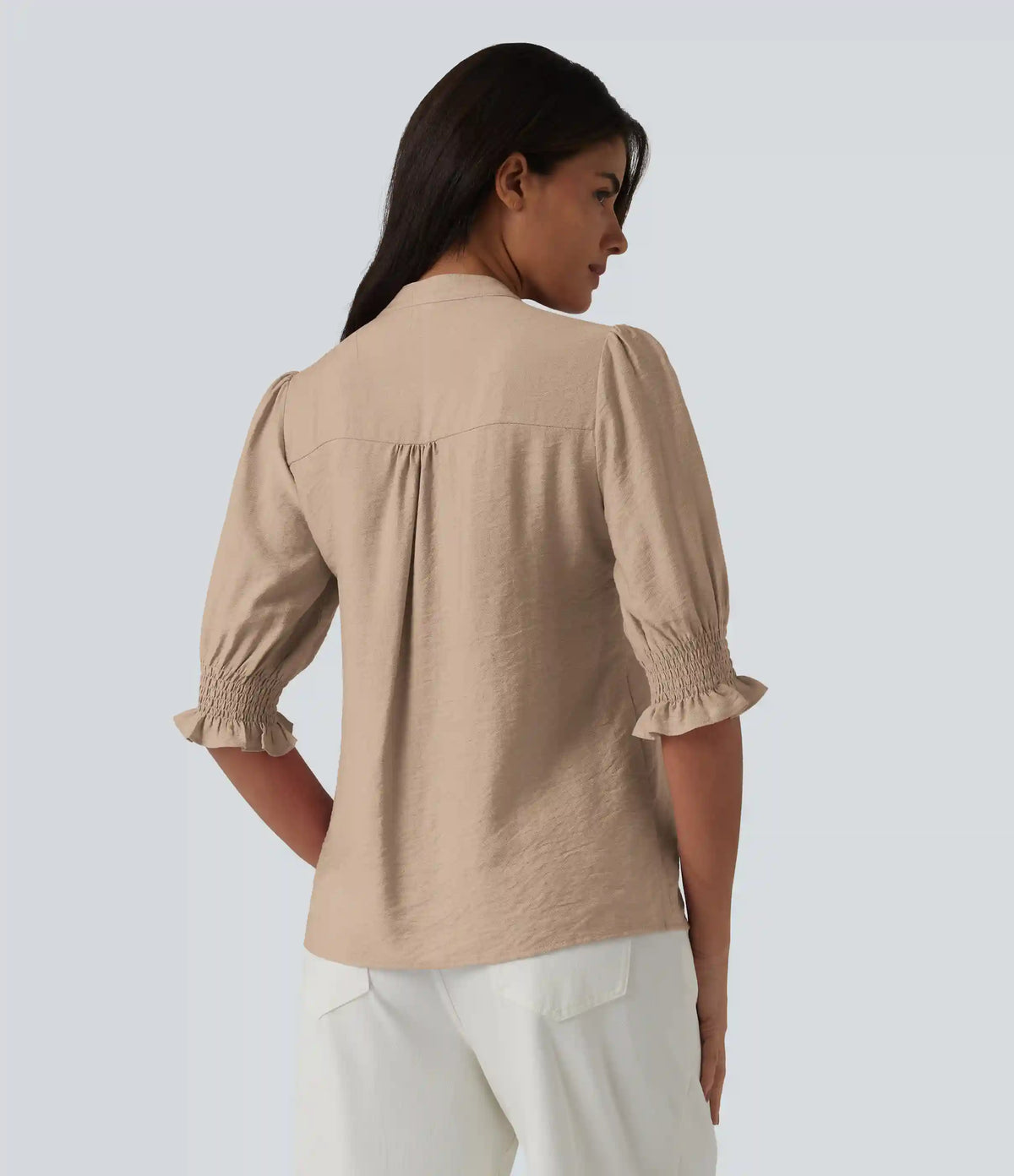 V Neck Puff Short Sleeve Casual Blouse