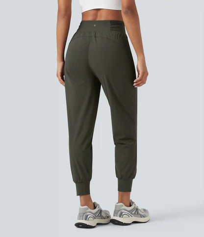 High Waisted Drawstring Ruched Tapered Quick Dry Cool Touch Dance Joggers with Pockets-UPF40+