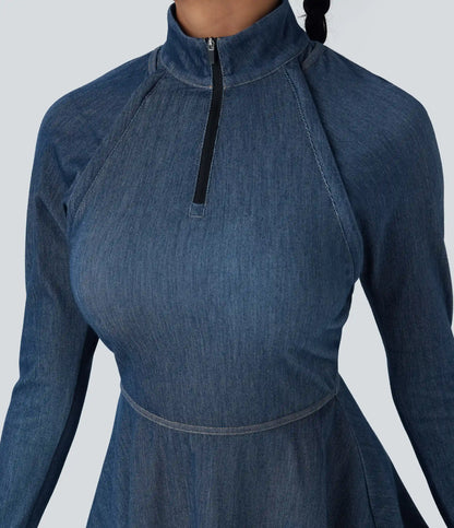 Halara Flex™ Zipper Removable Sleeve Thumb Hole Flare Mini InstantCool Washed Denim Tennis Active Dress
