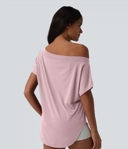 One Shoulder Short Sleeve Curved Hem High Low Quick Dry Yoga Sports Top-Built-in Bra