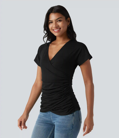 V Neck Short Sleeve Ruched Casual Top