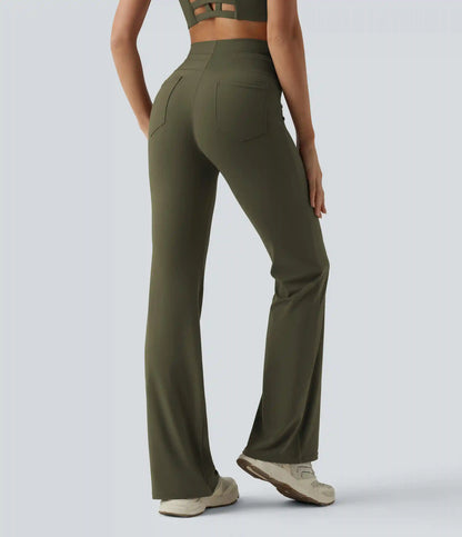 High Waisted Drawstring Plain Flare Yoga Pants with Pockets