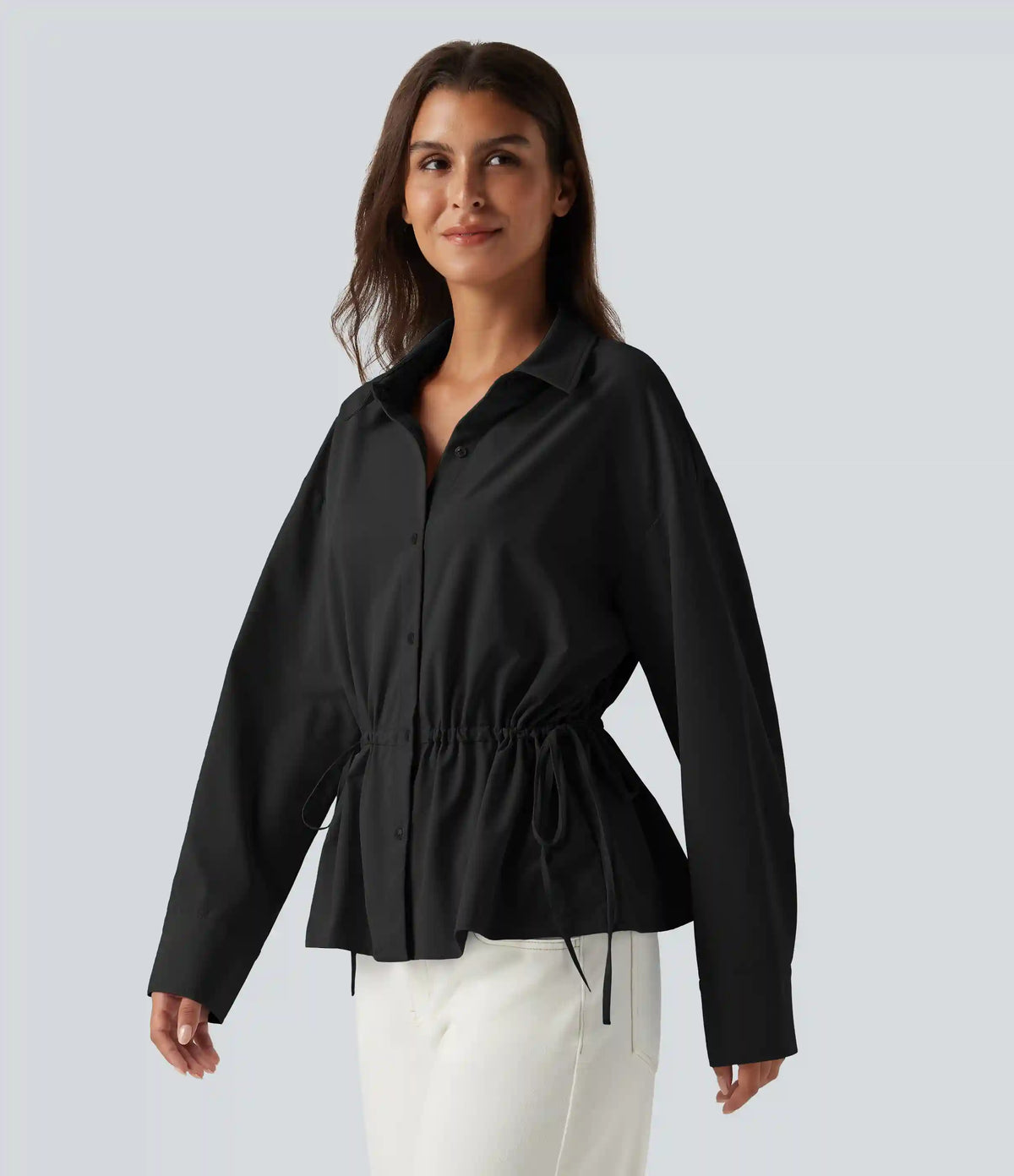 Long Sleeve Ruched Drawstring Casual Shirt