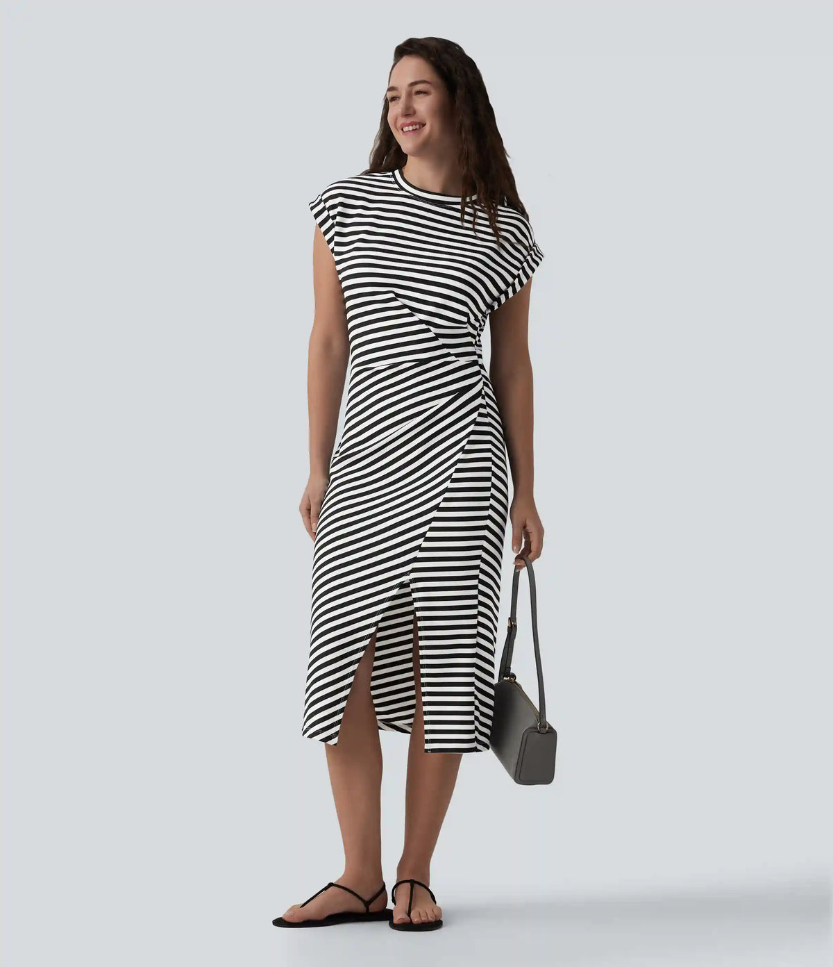 Round Neck Short Sleeve Asymmetrical Split Hem Stripes Waffle Casual Midi T-Shirt Dress