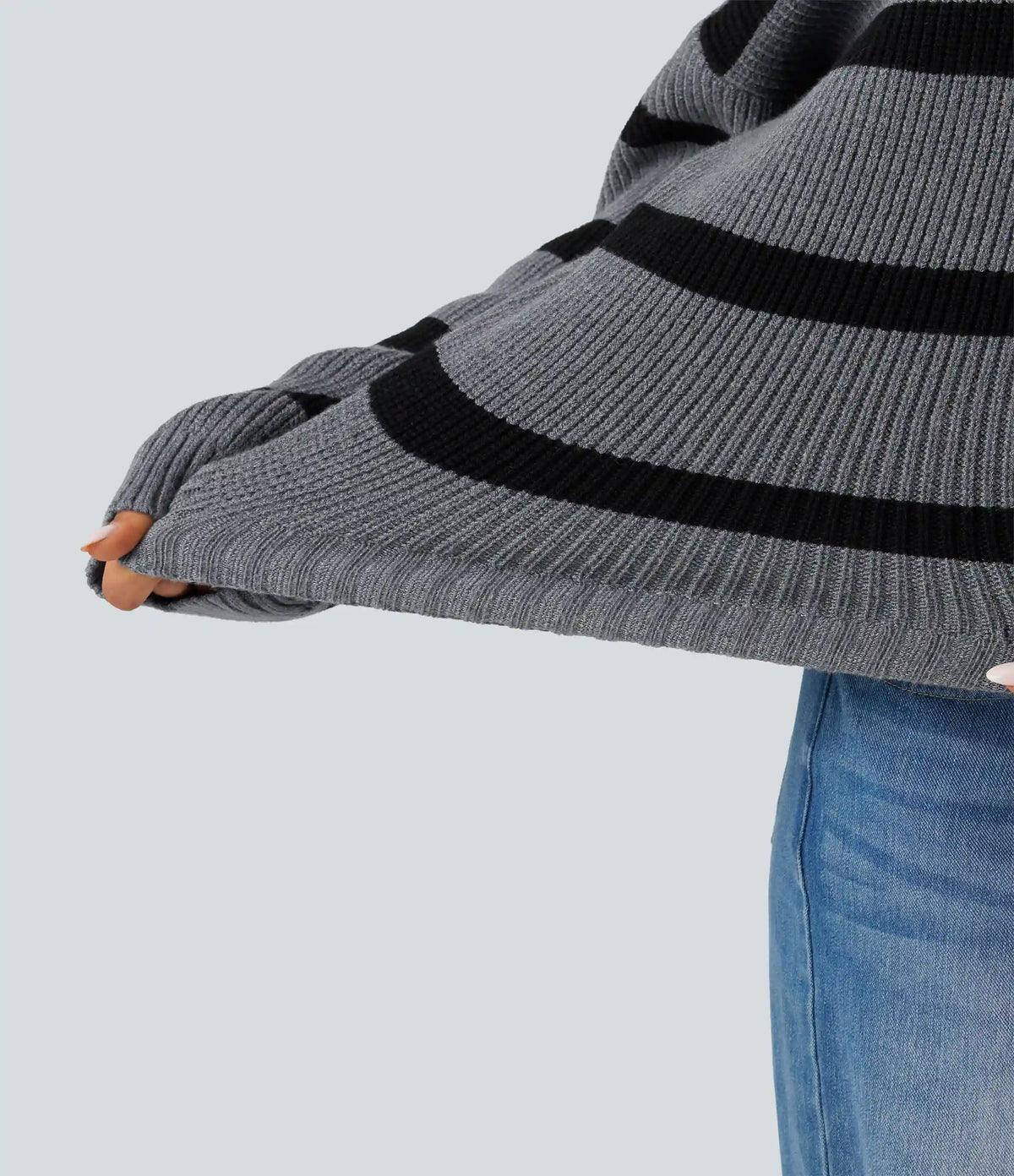 Round Neck Cold Shoulder Long Sleeve Stripe Work Sweater