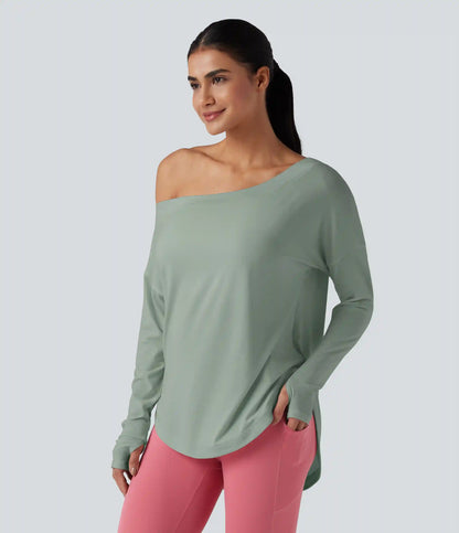 One Shoulder Long Sleeve Thumb Hole Curved Hem High Low Quick Dry Yoga Sports Top-Built-in Bra