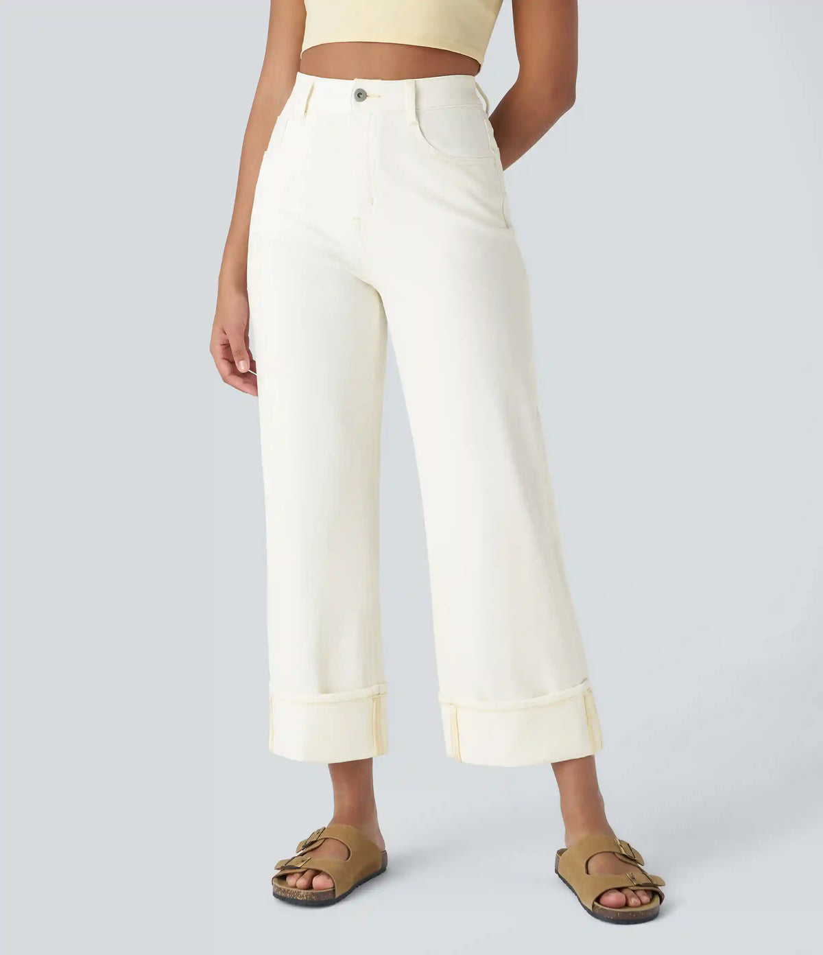 Halara Flex™ High Waisted Pockets Rolled Hem Wide Leg Washed Casual Jeans