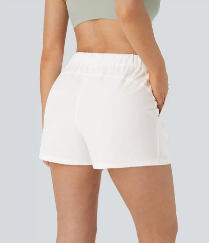 High Waisted Elastic Waistband Drawstring Pleated Yoga Shorts 3" with Pockets