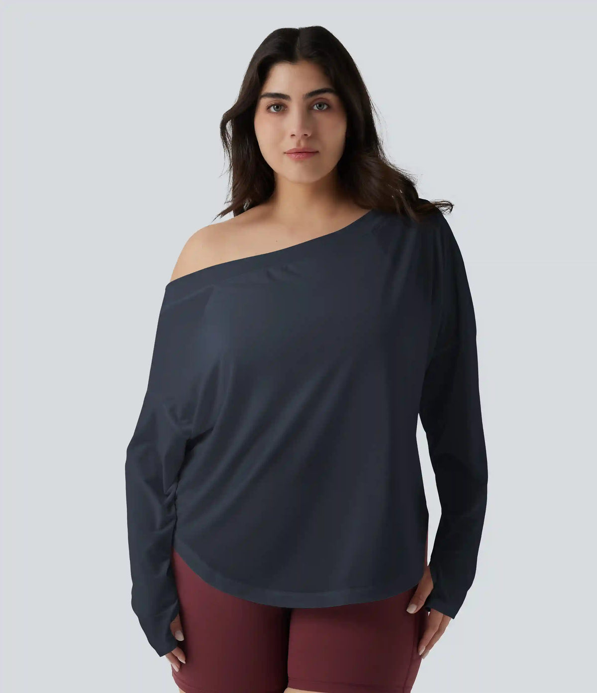 One Shoulder Long Sleeve Thumb Hole Curved Hem High Low Quick Dry Yoga Plus Size Sports Top-Built-in Bra