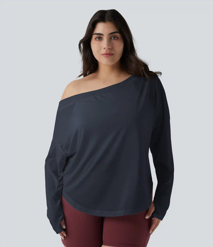 One Shoulder Long Sleeve Thumb Hole Curved Hem High Low Quick Dry Yoga Plus Size Sports Top-Built-in Bra