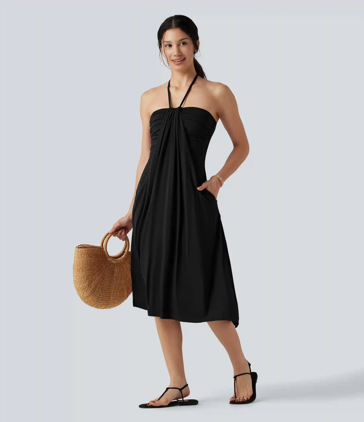 Halter Tie Back A-Line Midi Dress with Pockets