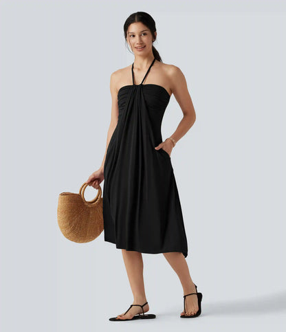 Halter Tie Back A-Line Midi Dress with Pockets