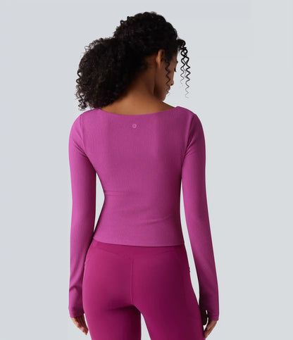 Ribbed Square Neck Push-Up Long Sleeve Thumb Hole Yoga Sports Top DD-F Cups
