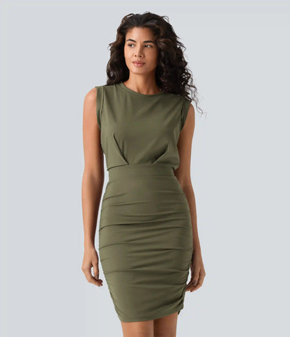 SoftlyZero™ Airy Round Neck Sleeveless Ruched InstantCool Bodycon Mini Party Dress