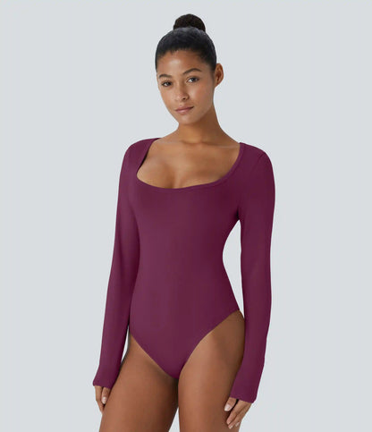 U Neck Long Sleeve Snap Skinny Work Bodysuit