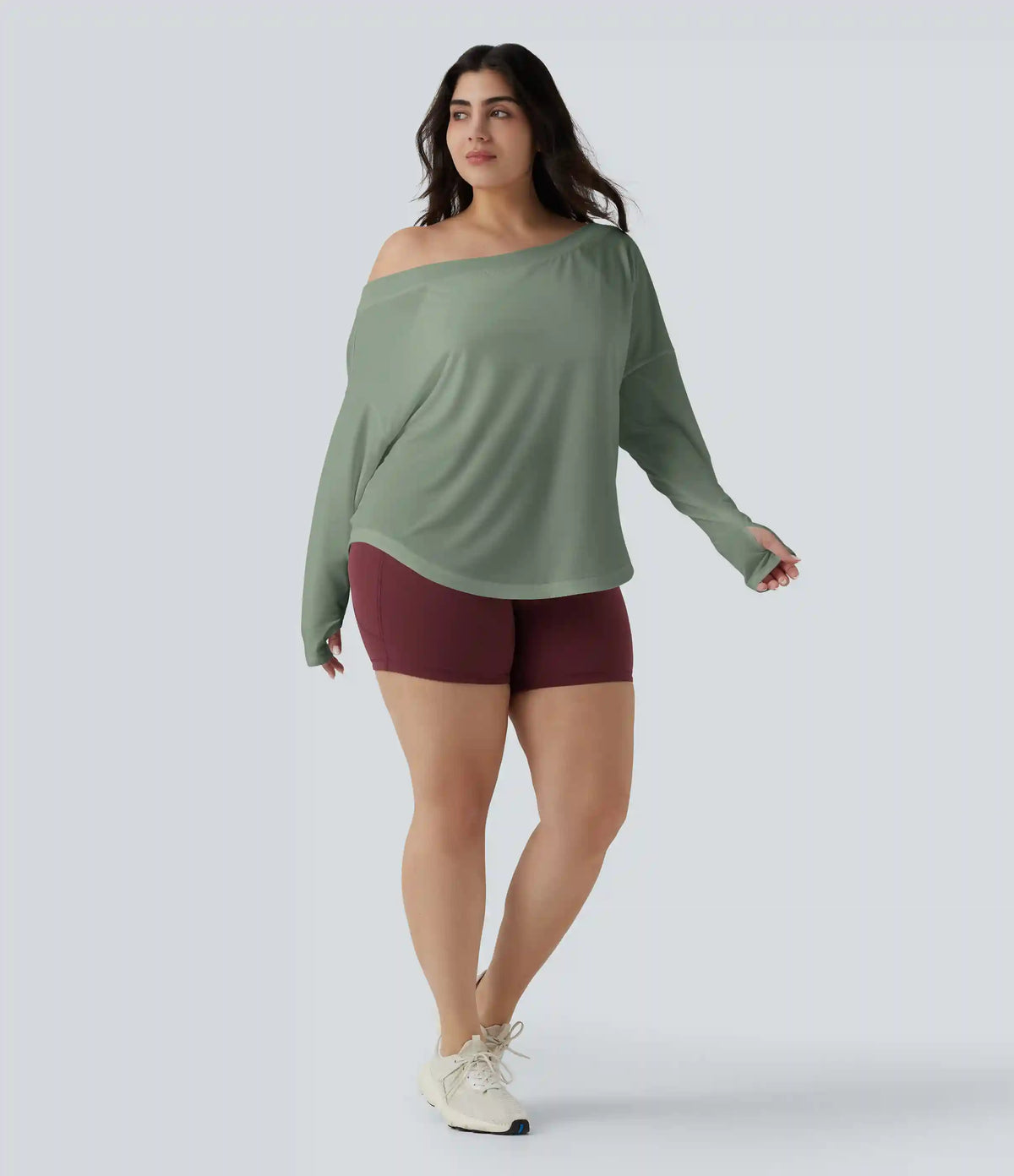 One Shoulder Long Sleeve Thumb Hole Curved Hem High Low Quick Dry Yoga Plus Size Sports Top-Built-in Bra