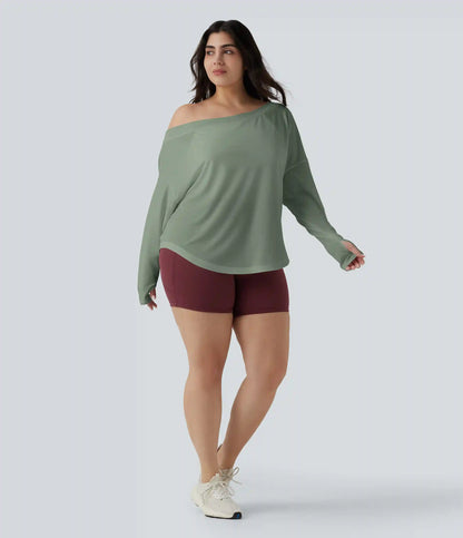 One Shoulder Long Sleeve Thumb Hole Curved Hem High Low Quick Dry Yoga Plus Size Sports Top-Built-in Bra