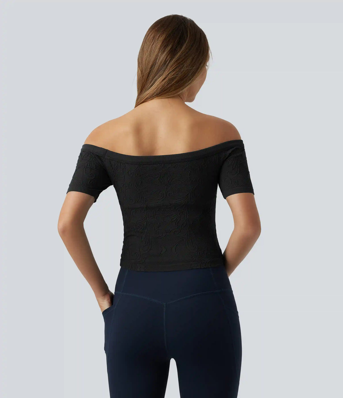 OneForm Seamless Flow Off Shoulder Short Sleeve Built-in Bra Cropped Yoga Sports Top