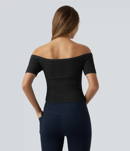 OneForm Seamless Flow Off Shoulder Short Sleeve Built-in Bra Cropped Yoga Sports Top