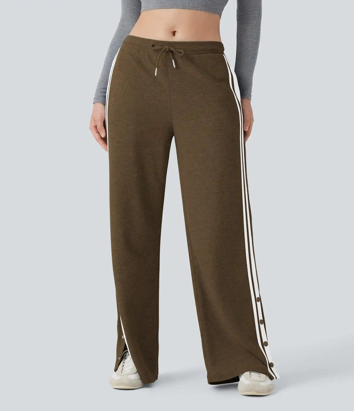 Low Rise Drawstring Color Block Snap Waffle Casual Wide Leg Pants with Pockets