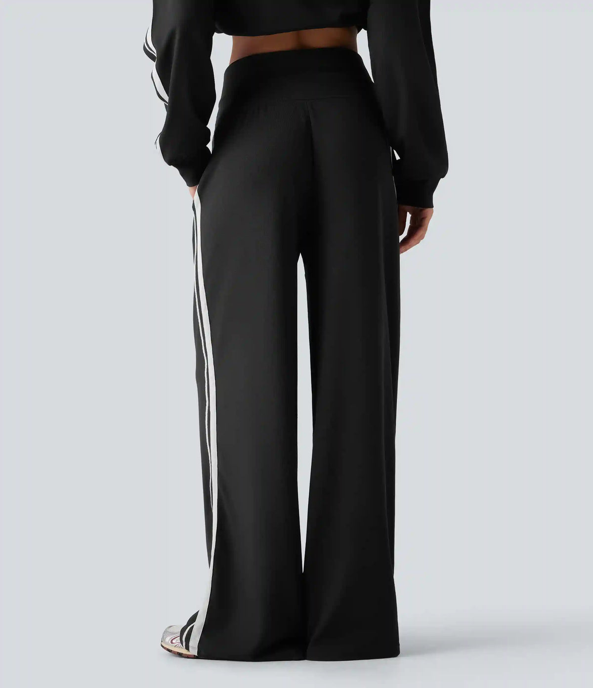 High Waisted Drawstring Wide Leg Side Stripe Waffle Casual Pants with Pockets
