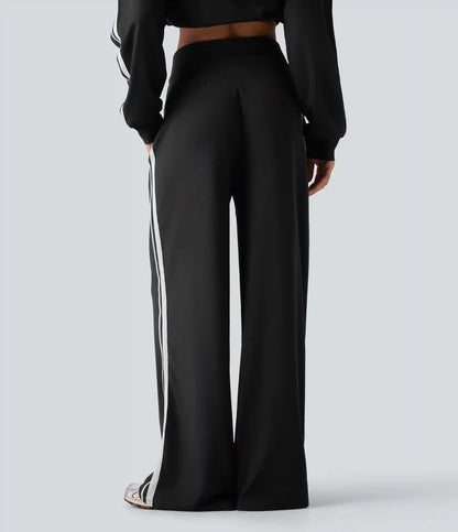 High Waisted Drawstring Wide Leg Side Stripe Waffle Casual Pants with Pockets