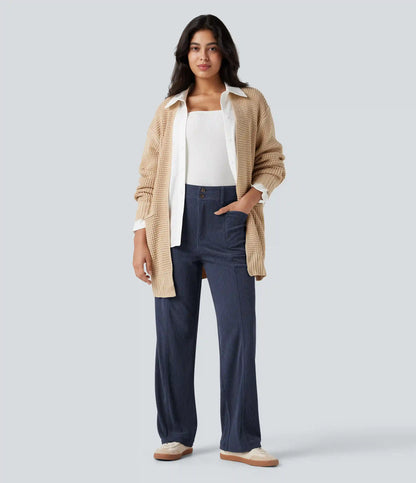 High Waisted Corduroy Casual Straight Leg Pants with Pockets