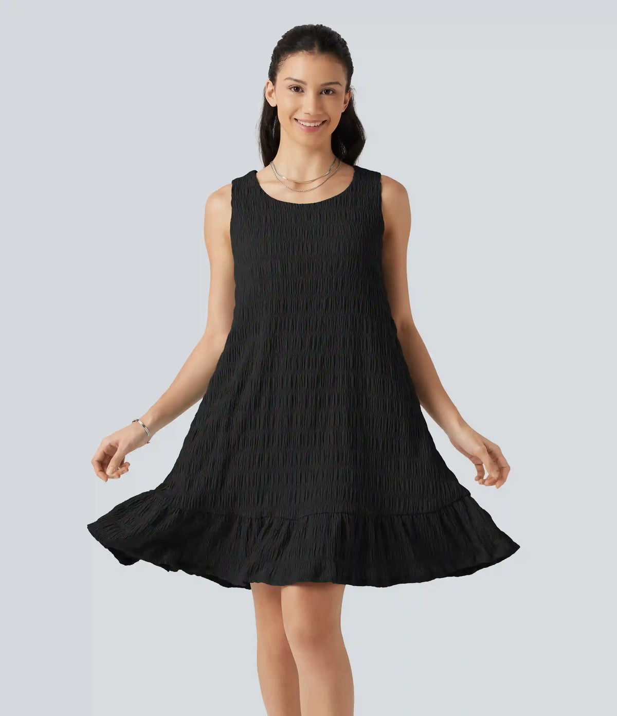 Round Neck Built-in Bra Sleeveless Ruffle Hem Mini Casual Dress DD-F Cups