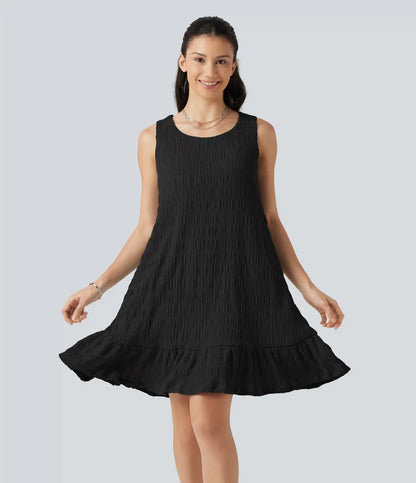 Round Neck Built-in Bra Sleeveless Ruffle Hem Mini Casual Dress DD-F Cups