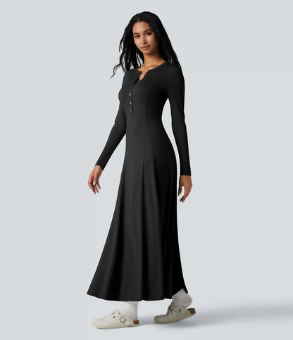 Henley Long Sleeve Flare Maxi Casual Dress