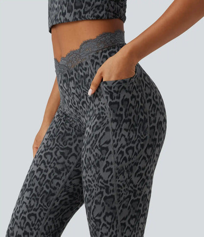 Halara UltraSculpt™ Leopard Print V-Shaped High Waisted Contrast Lace Yoga Flare Leggings with Pockets
