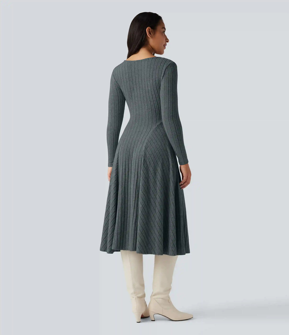 Ribbed Knit V Neck Long Sleeve Flare Midi Casual Dress