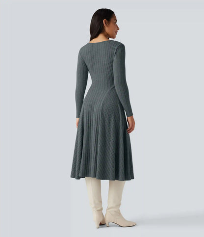 Ribbed Knit V Neck Long Sleeve Flare Midi Casual Dress