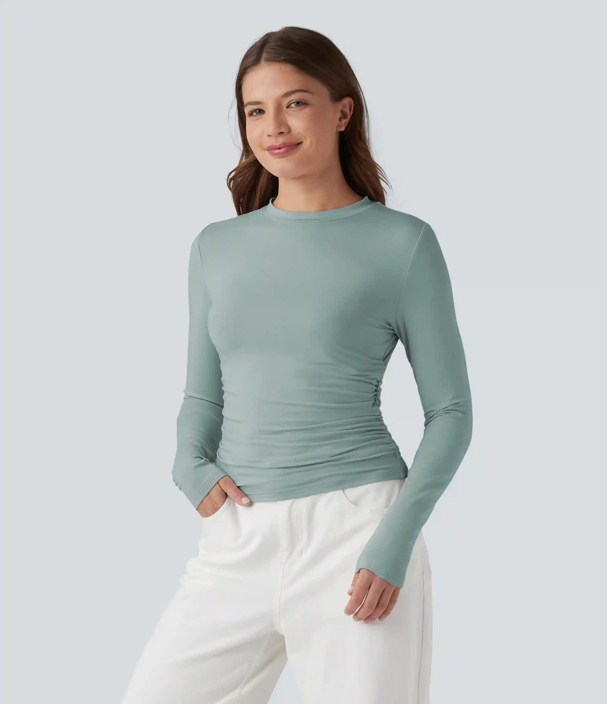 Round Neck Long Sleeve Ruched Casual Top