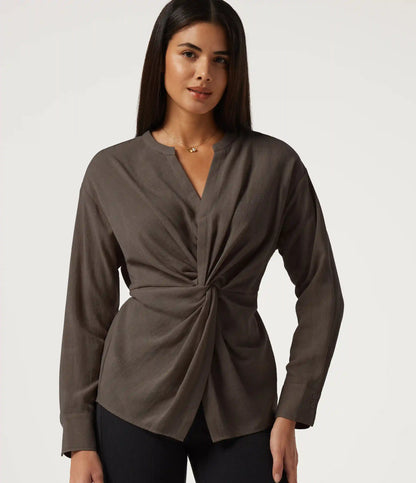 V Neck Twisted Long Sleeve Tie Back Casual Linen-Feel Blouse